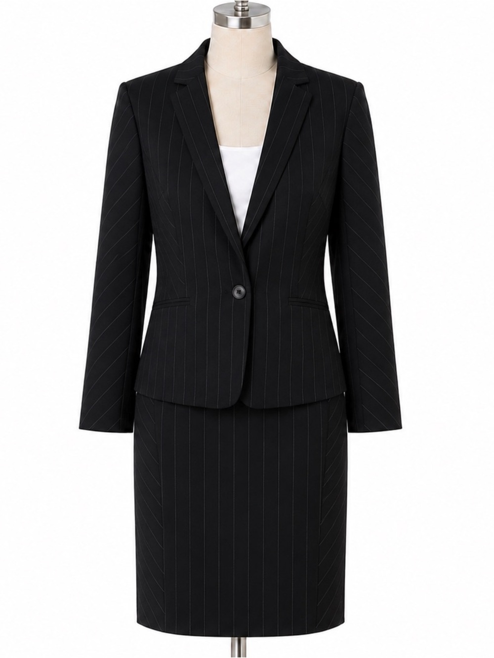 Worthington Black Pinstripe Skirt Suit Sz 6 Blazer Pencil Skirt Career academia